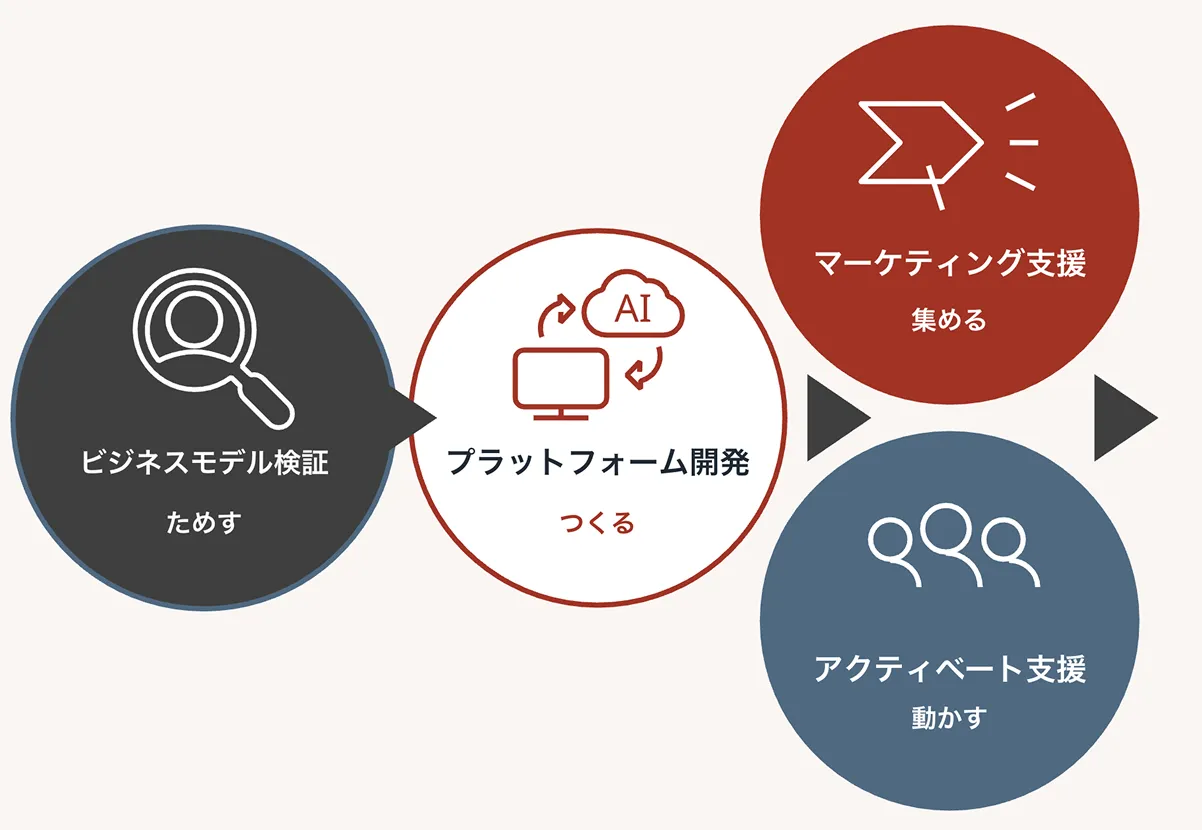 ビジネスモデル検証→プラットフォーム開発→マーケティング支援、アクティベート支援