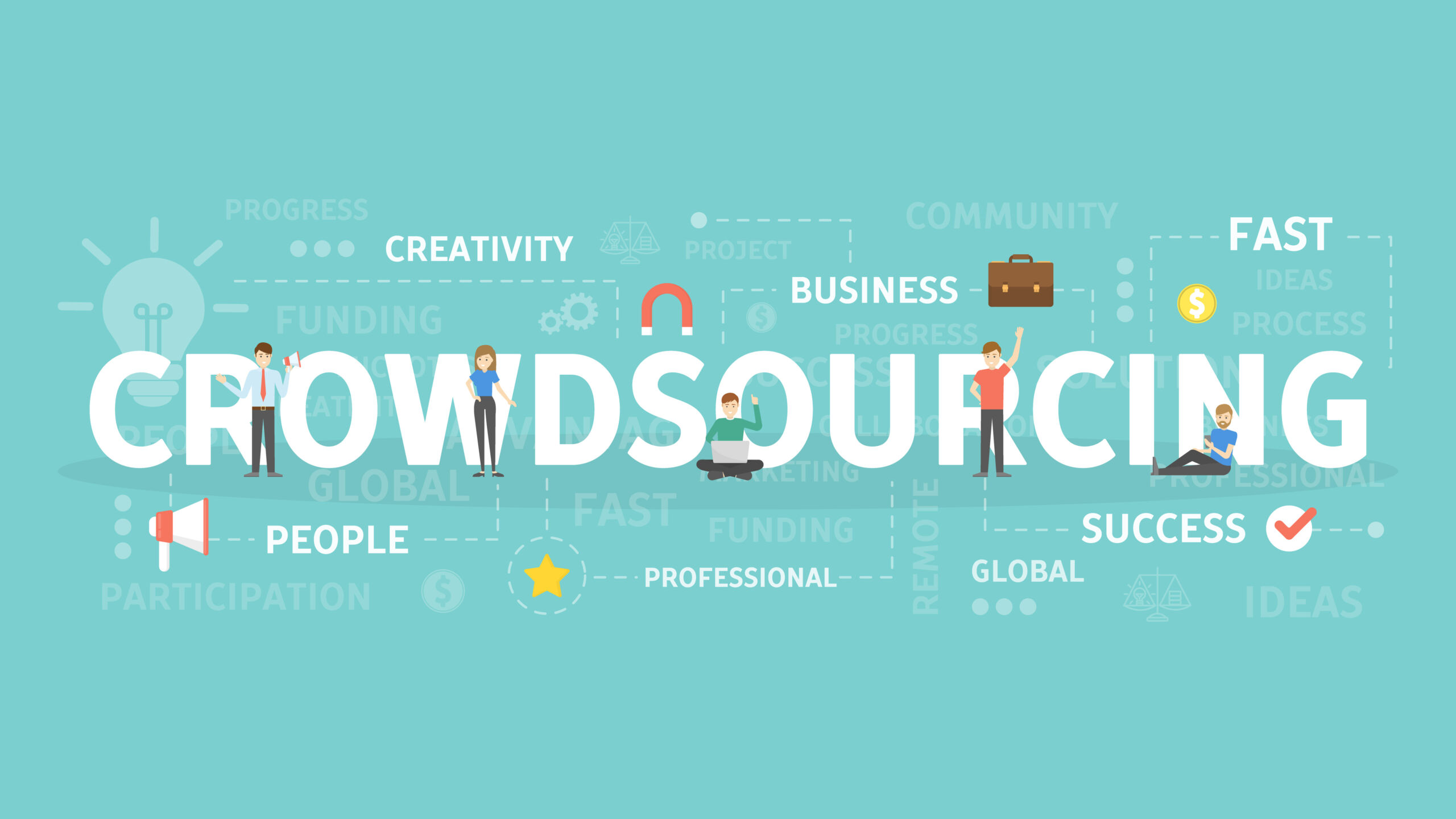 多様なワーカーが集まり協力するクラウドソーシングのイメージ図