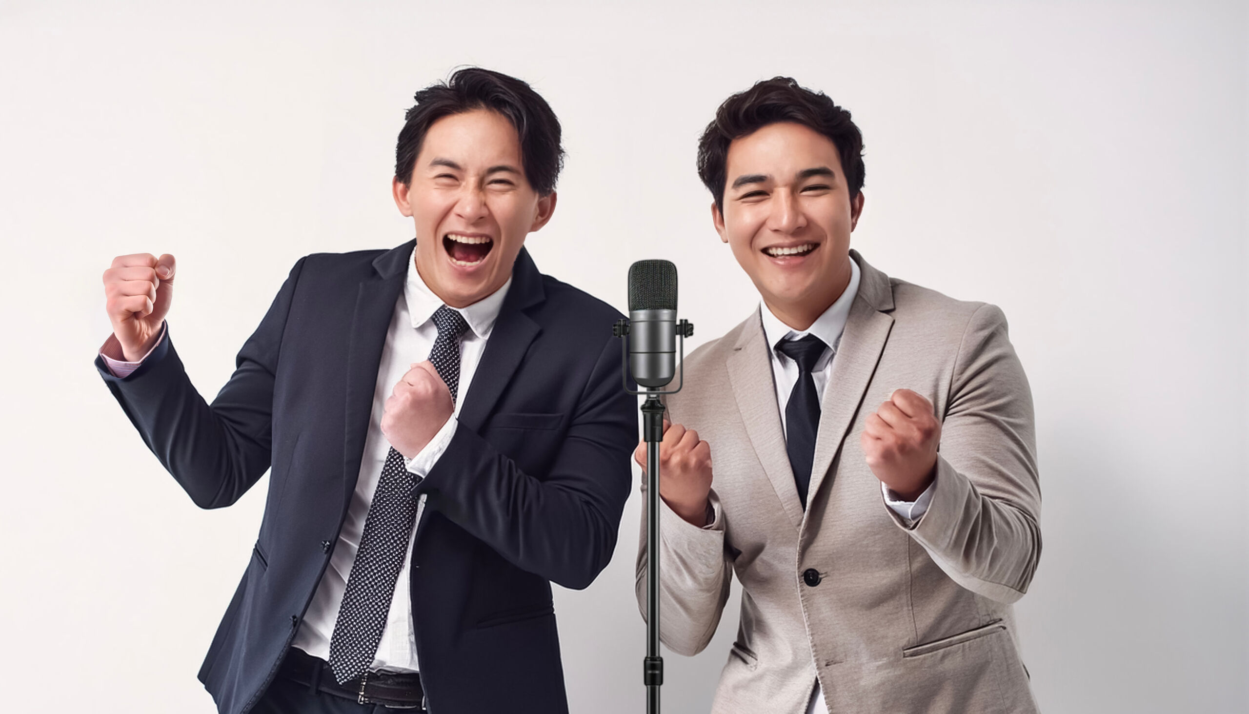 マイクの前でお笑いのネタを披露する2人
